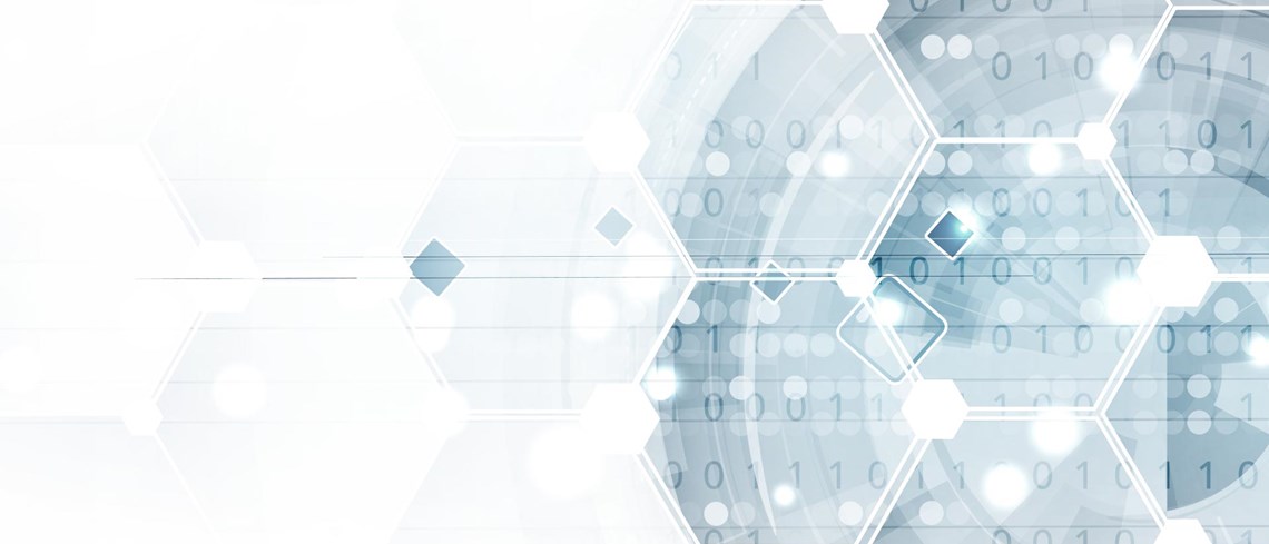 Data in the form of ones and zeros on a hexagon pattern in blue, black and white