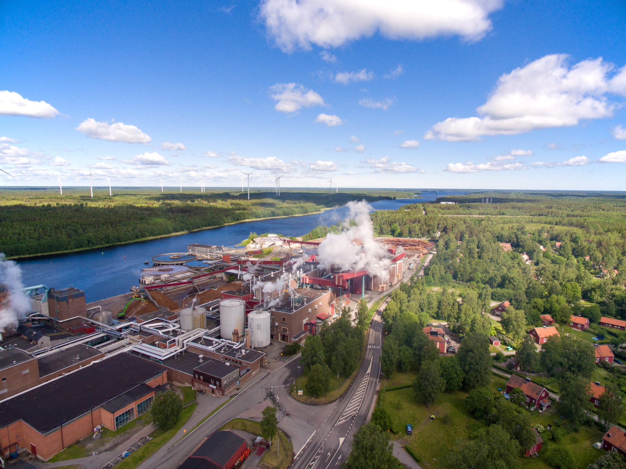 Aerial photo of Hallsta paper mill on a sunny summer day
